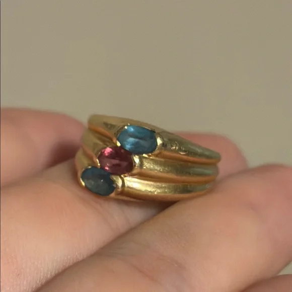 14k Solid Yellow Gold Blue & Pink Topaz Asymmetrical Stacked Ring